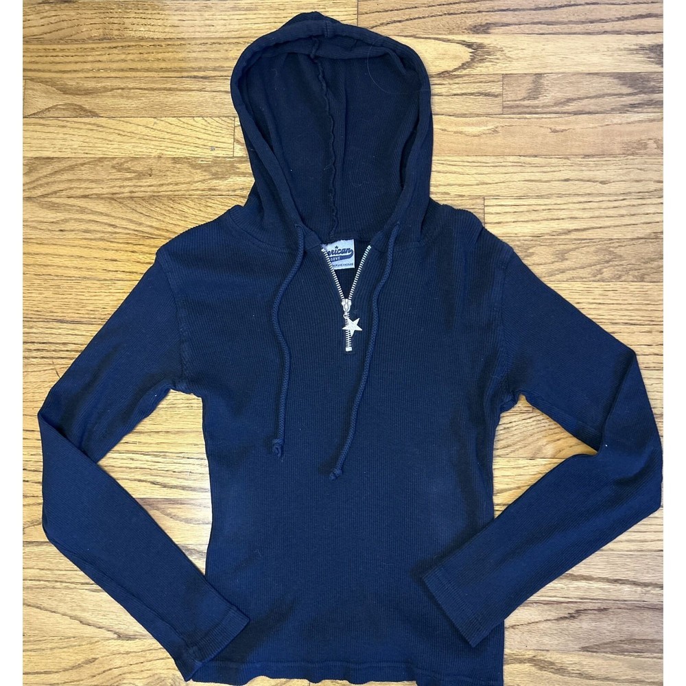 American Groove OS (runs small) Ribbed Black Quarter Zip Hoodie Long Sleeve